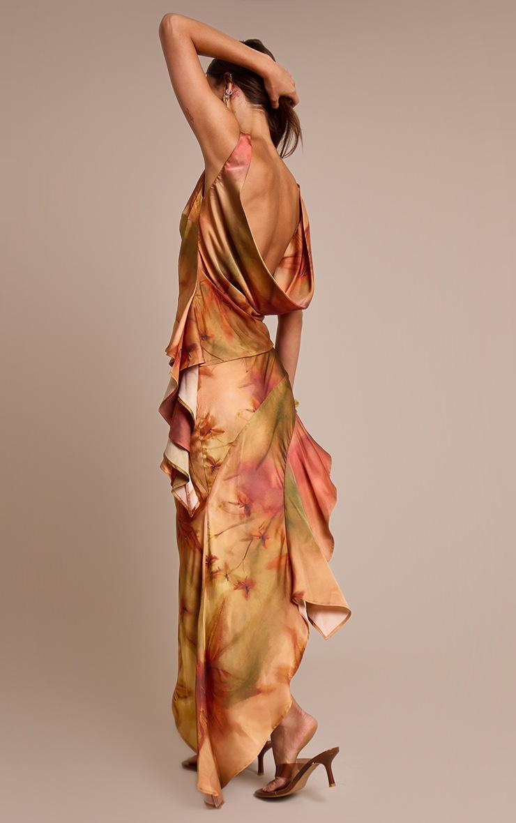 Pretty Little Thing Burnt Orange Printed Satin Asymmetric Ruffle Midi Skirt