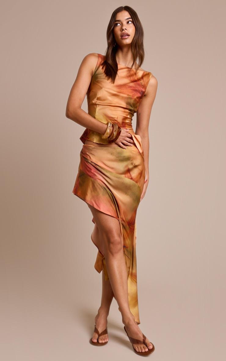 Pretty Little Thing Burnt Orange Printed Satin Asymmetric Ruffle Midi Skirt