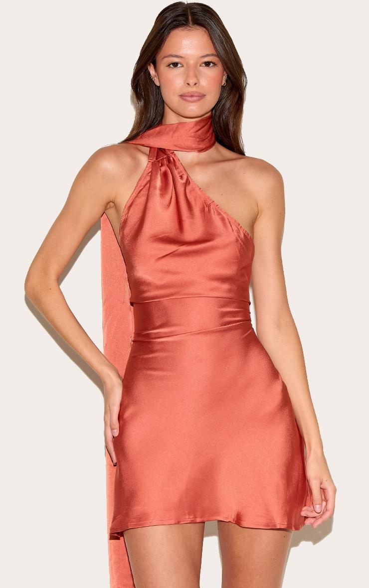 Pretty Little Thing Burnt Orange Satin Scarf Detail Bodycon Dress