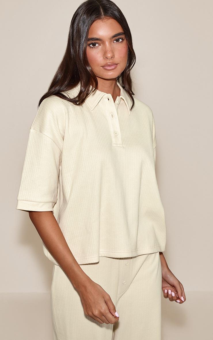 Pretty Little Thing Butter Cream Button Up Rib T-shirt