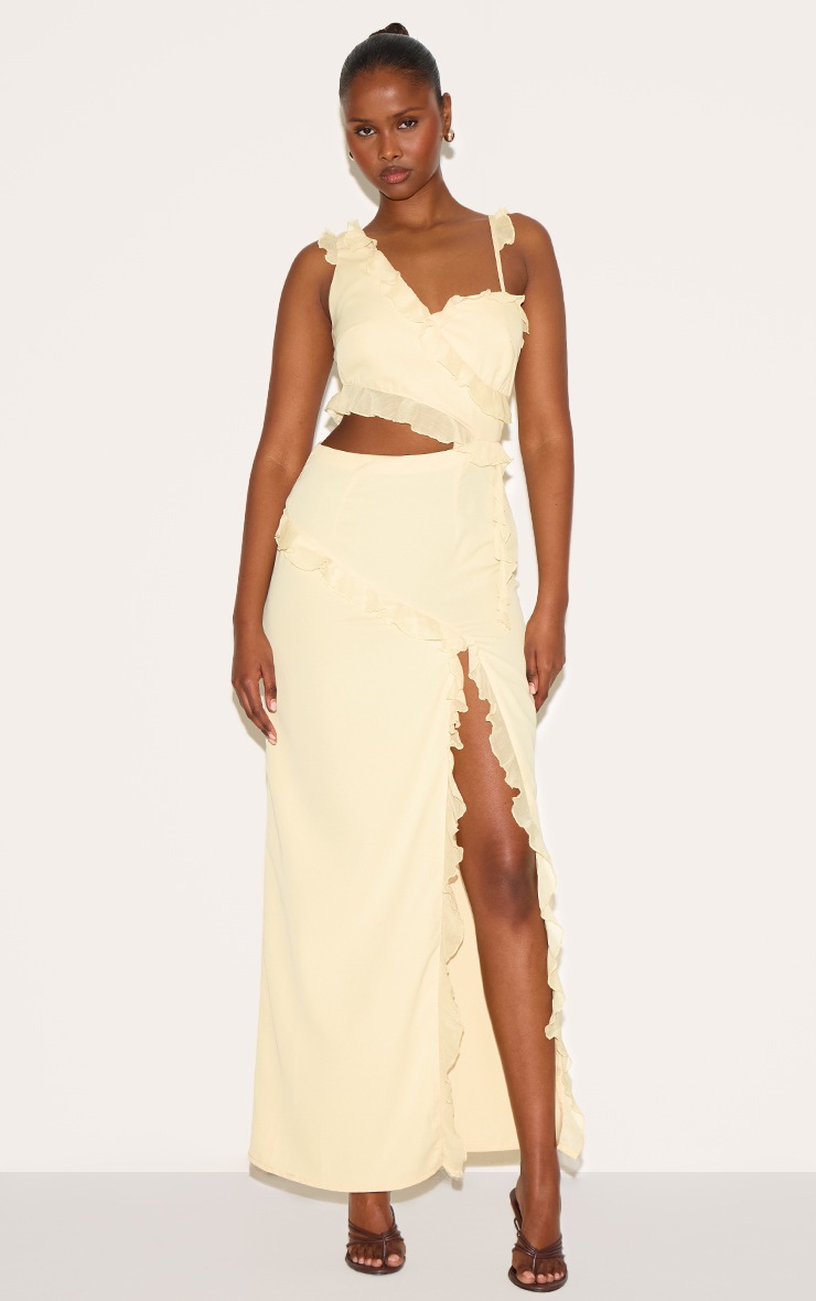 Pretty Little Thing Butter Cream Chiffon Frill Cut Out Maxi Dress