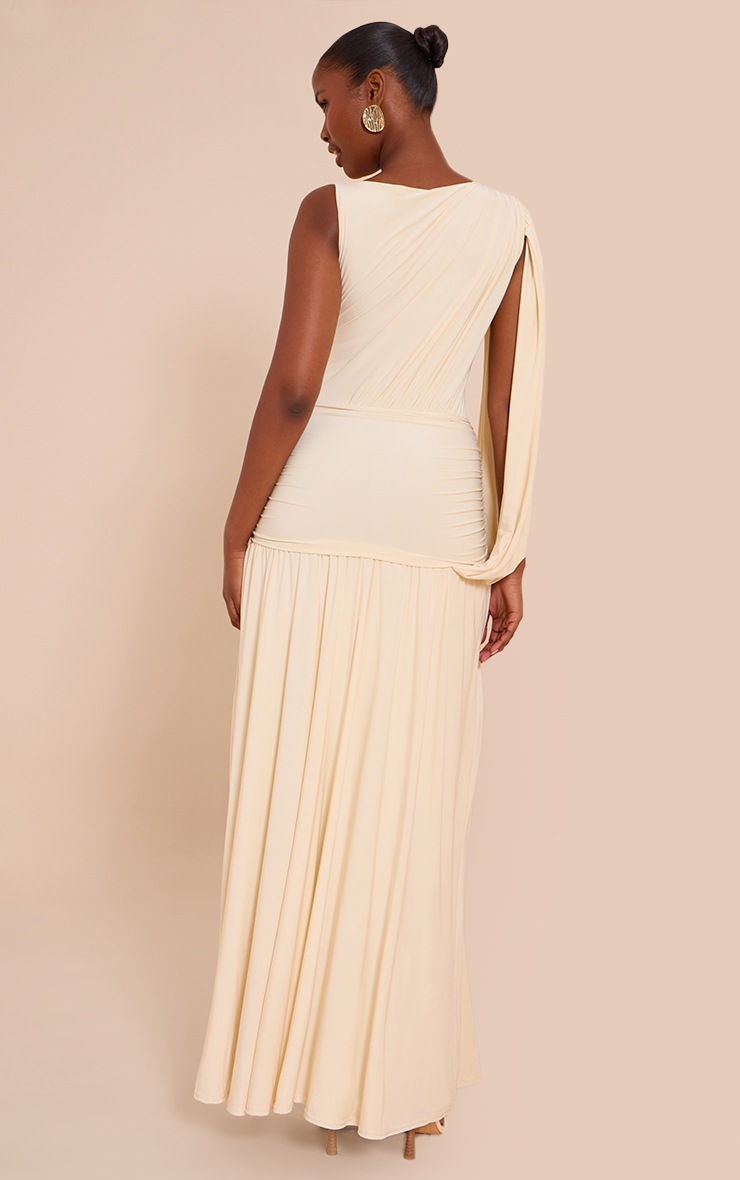 Pretty Little Thing Butter Cream Double Layer Slinky Ruched One Shoulder Maxi Dress