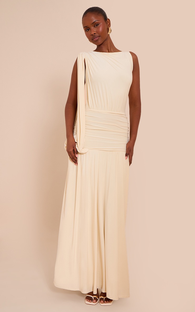 Pretty Little Thing Butter Cream Double Layer Slinky Ruched One Shoulder Maxi Dress