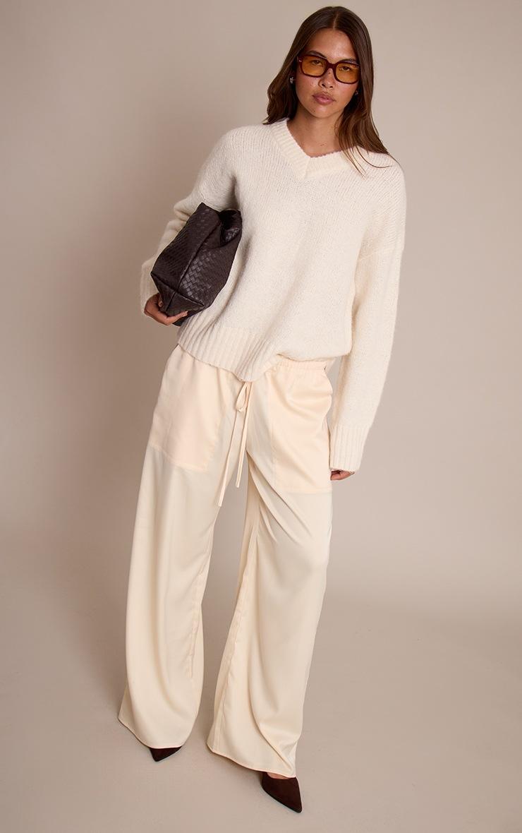 Pretty Little Thing Butter Cream Satin Low Rise Wide Leg Drawstring Pants