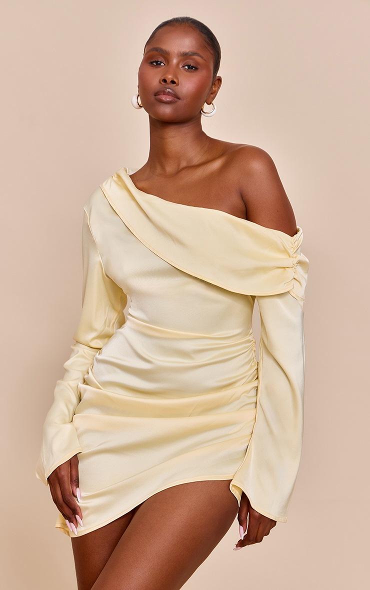 Pretty Little Thing Butter Cream Satin One Shoulder Drape Bodycon Dress