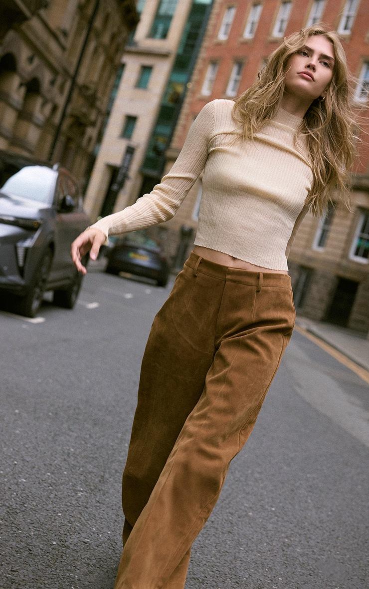 Pretty Little Thing Butter Cream Sheer Knit Long Sleeve High Neck Top