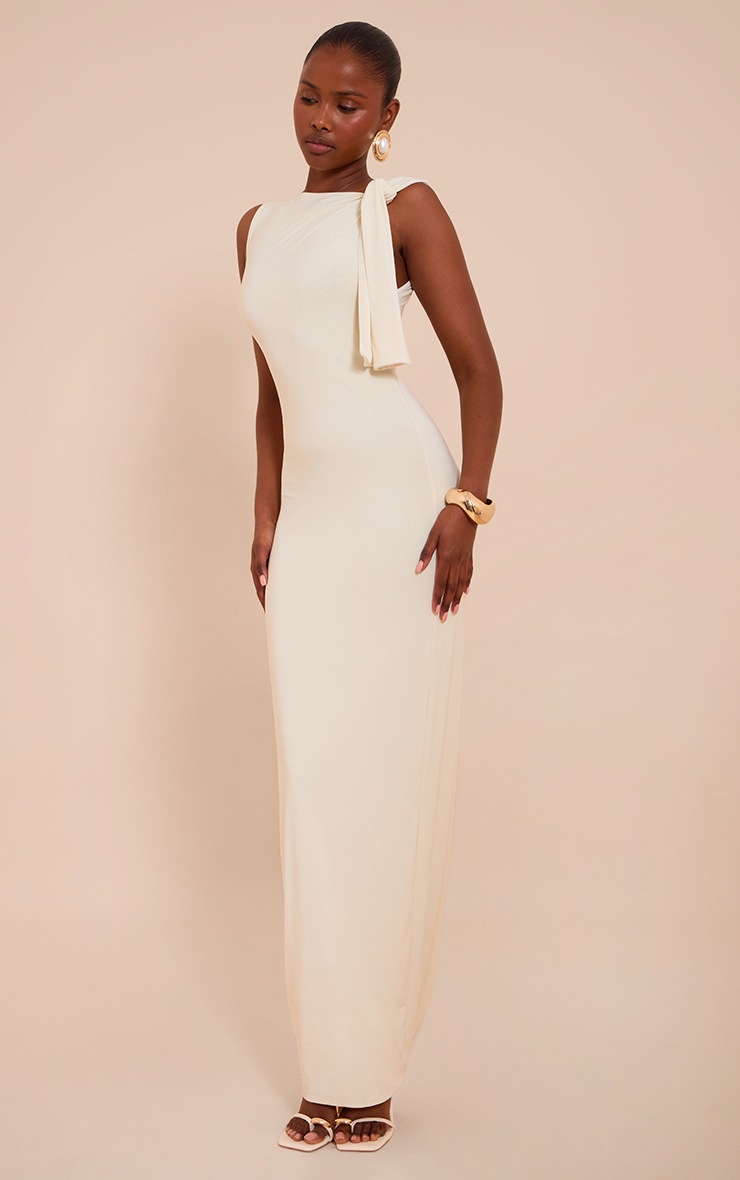 Pretty Little Thing Butter Cream Slinky Knot Drape Midaxi Dress