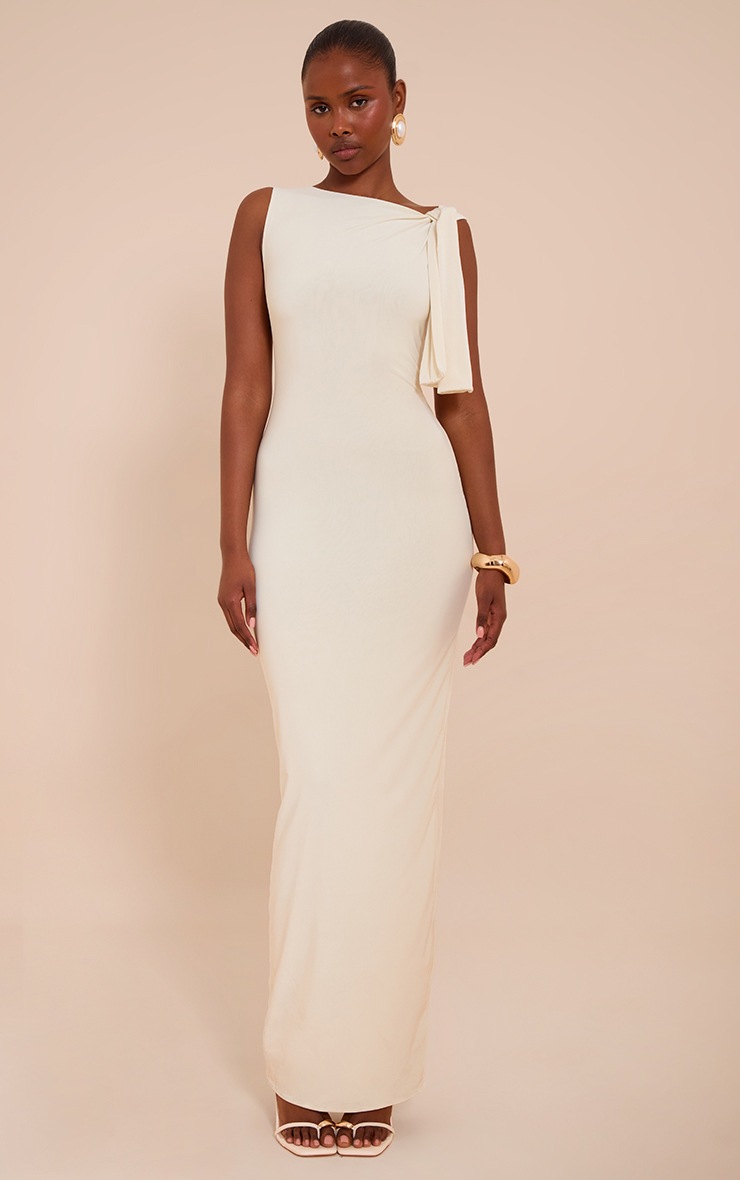 Pretty Little Thing Butter Cream Slinky Knot Drape Midaxi Dress