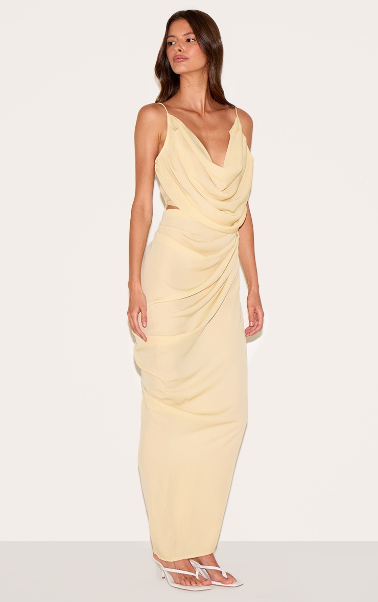 Pretty Little Thing Butter Yellow Chiffon Drape Cut Out Midaxi Dress