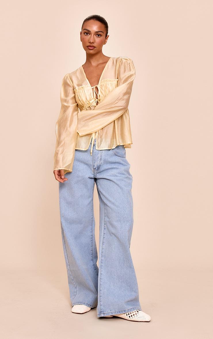 Pretty Little Thing Butter Yellow Chiffon Tie Front Ruched Blouse