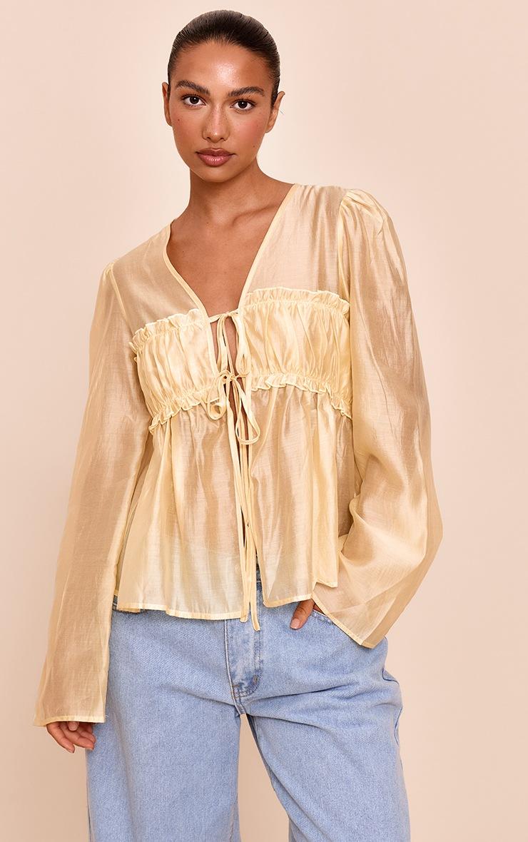 Pretty Little Thing Butter Yellow Chiffon Tie Front Ruched Blouse