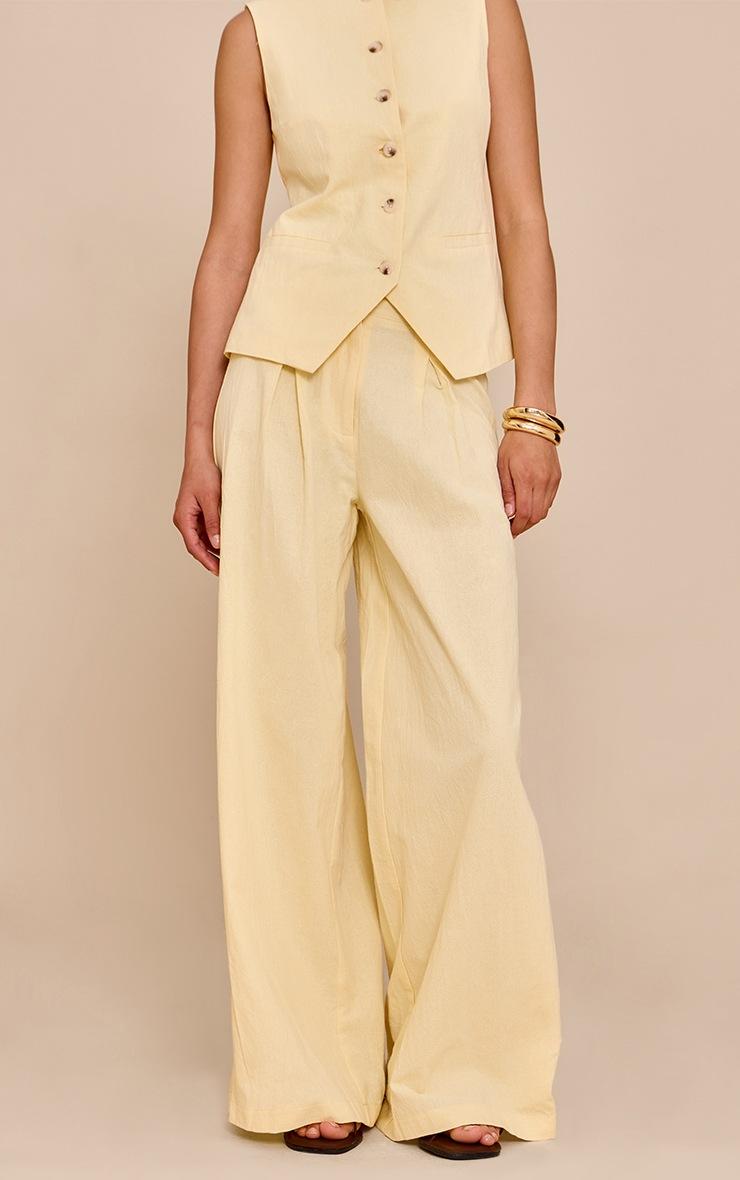Pretty Little Thing Butter Yellow Linen Look Wide Leg Pleated Pants