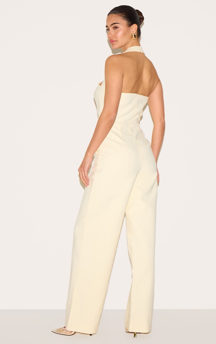 Pretty Little Thing Butter Yellow Premium Woven Halter Neck Wide Leg Jumpsuit