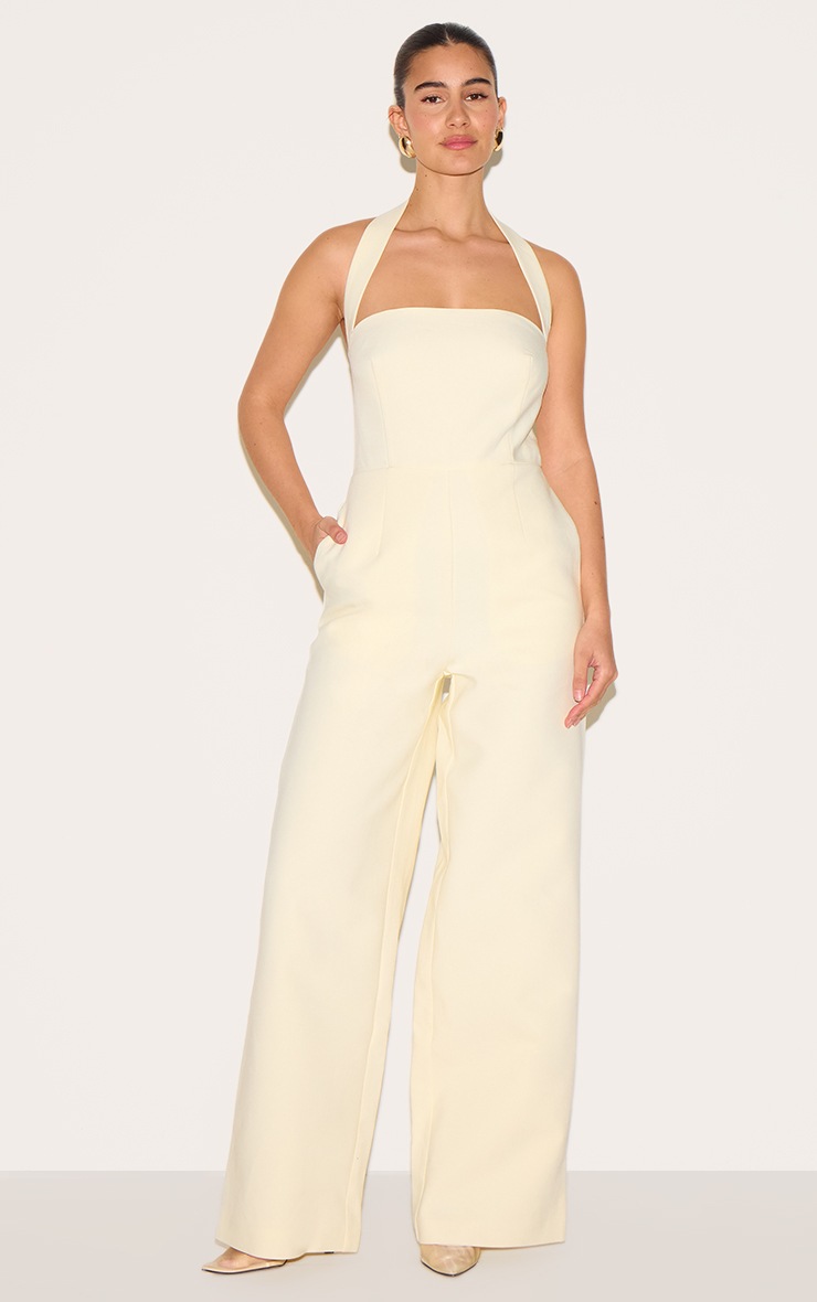 Pretty Little Thing Butter Yellow Premium Woven Halter Neck Wide Leg Jumpsuit