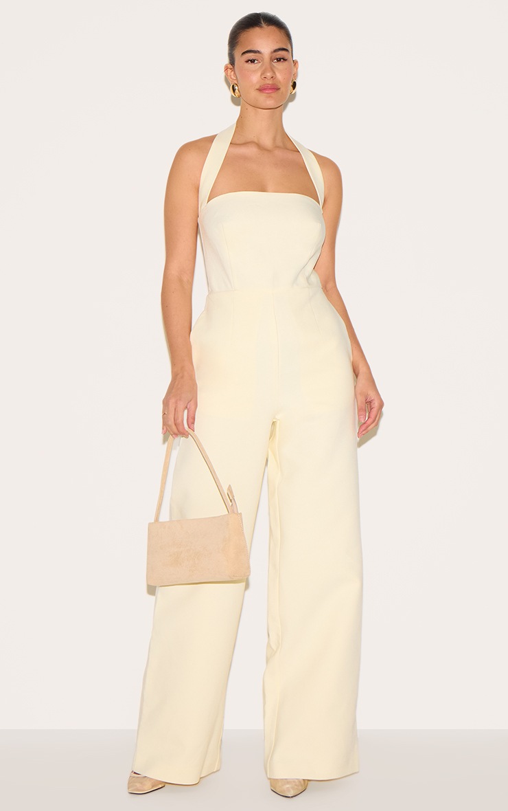 Pretty Little Thing Butter Yellow Premium Woven Halter Neck Wide Leg Jumpsuit
