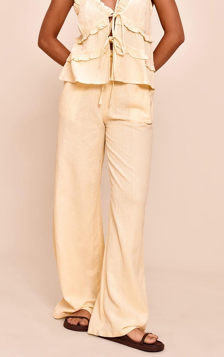 Pretty Little Thing Butter Yellow Textured Mid Rise Wide Leg Pants