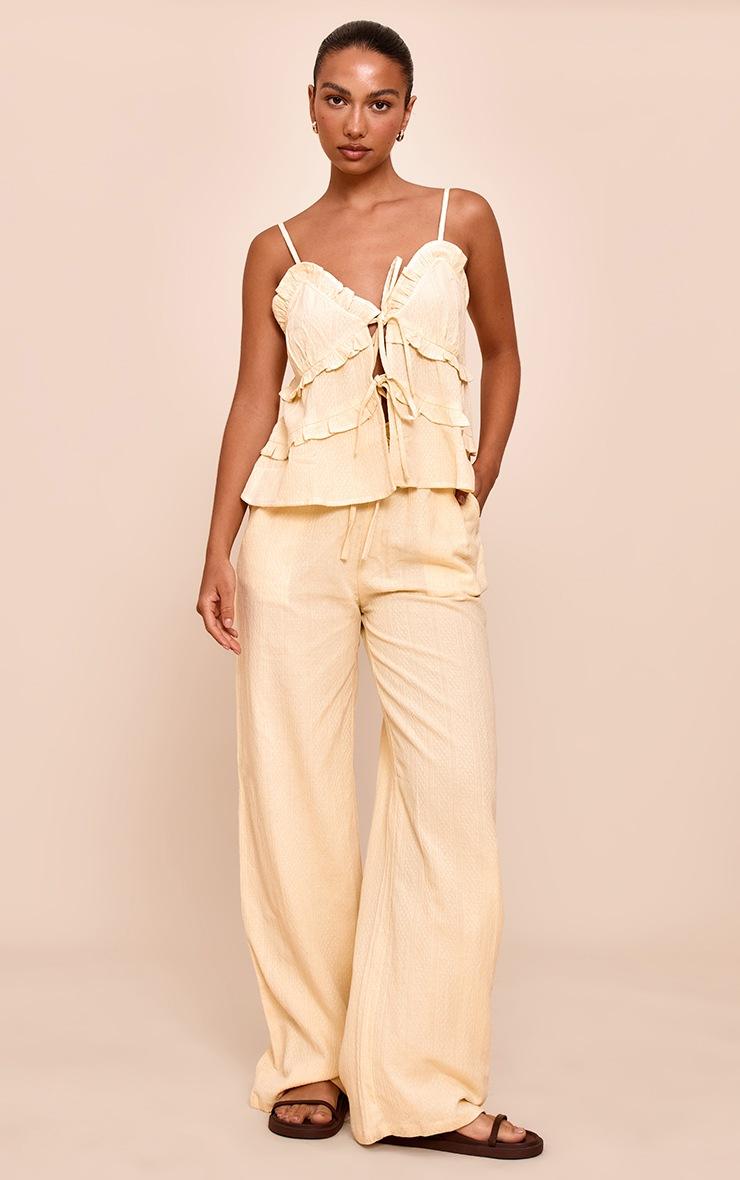Pretty Little Thing Butter Yellow Textured Mid Rise Wide Leg Pants