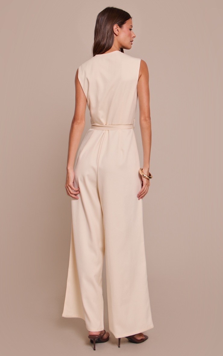 Pretty Little Thing Buttercream Woven Button Tie Belt Wide Leg Jumpsuit