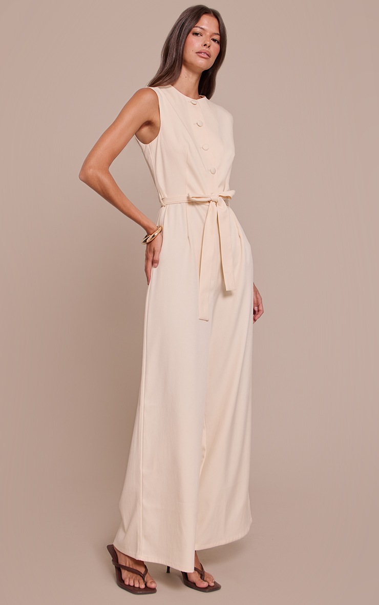 Pretty Little Thing Buttercream Woven Button Tie Belt Wide Leg Jumpsuit