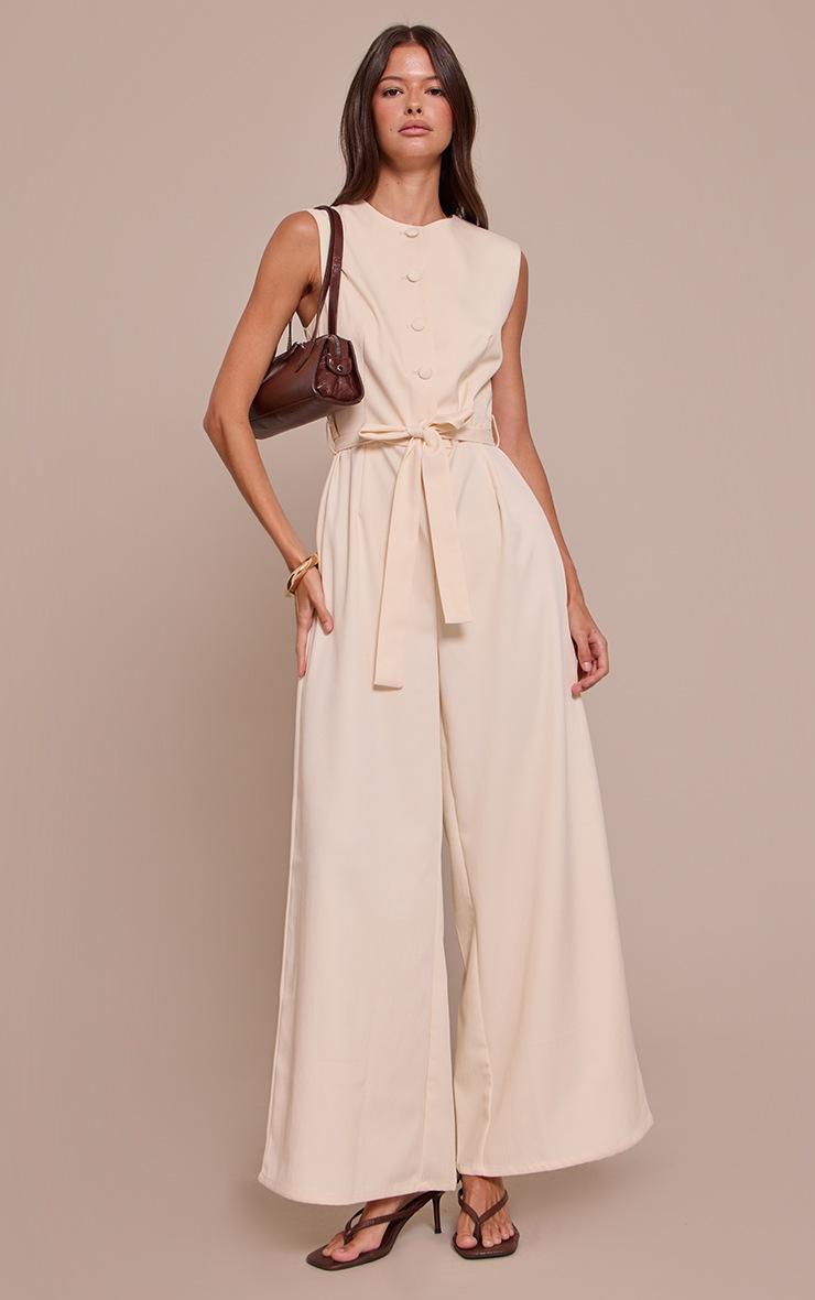 Pretty Little Thing Buttercream Woven Button Tie Belt Wide Leg Jumpsuit