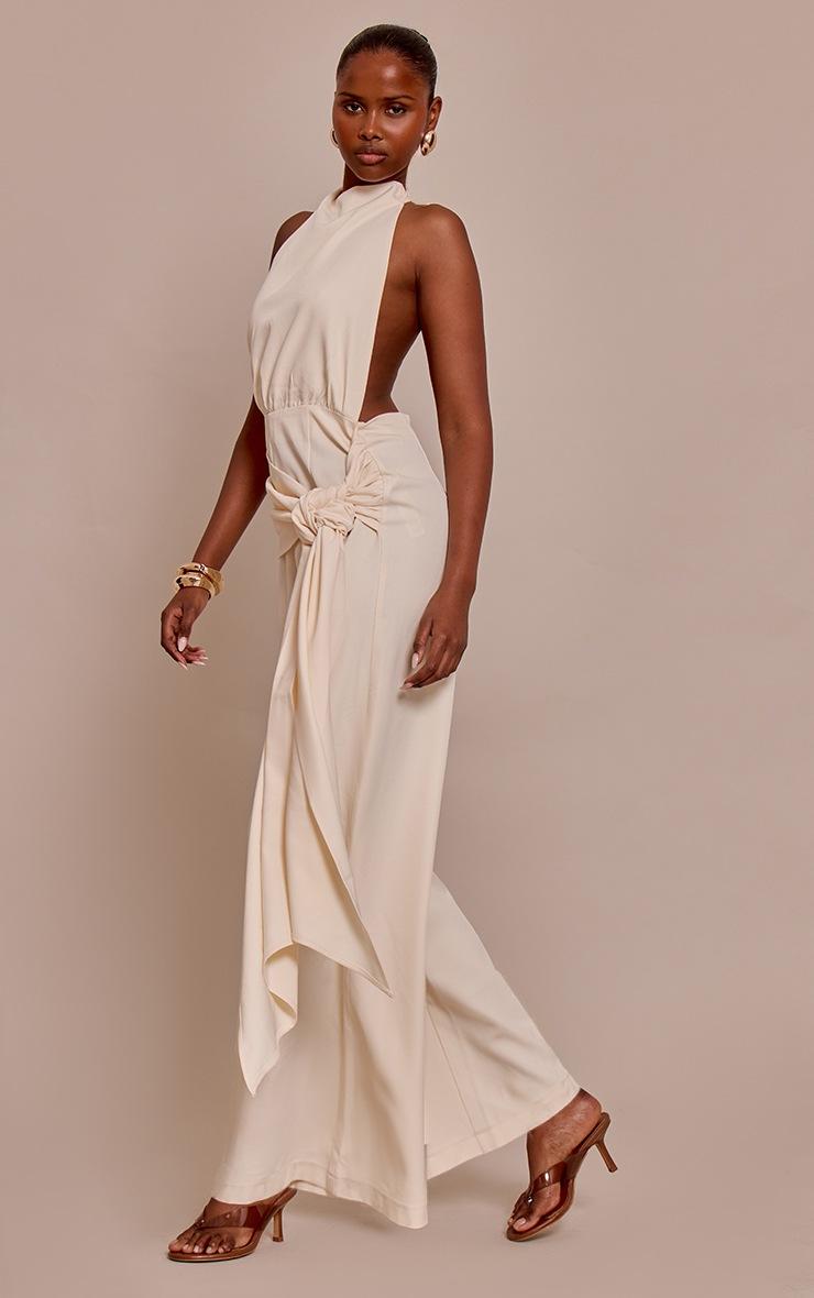 Pretty Little Thing Buttercream Woven Halterneck Wrap Detail Wide Leg Jumpsuit