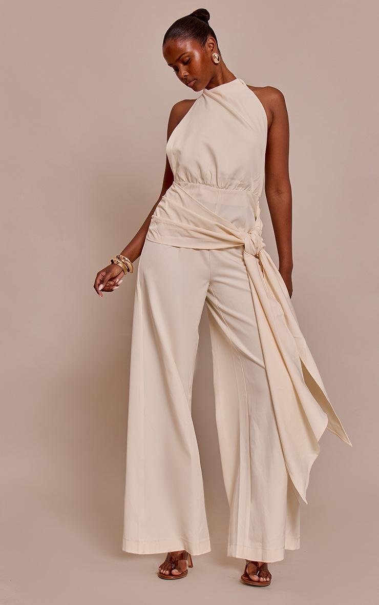 Pretty Little Thing Buttercream Woven Halterneck Wrap Detail Wide Leg Jumpsuit