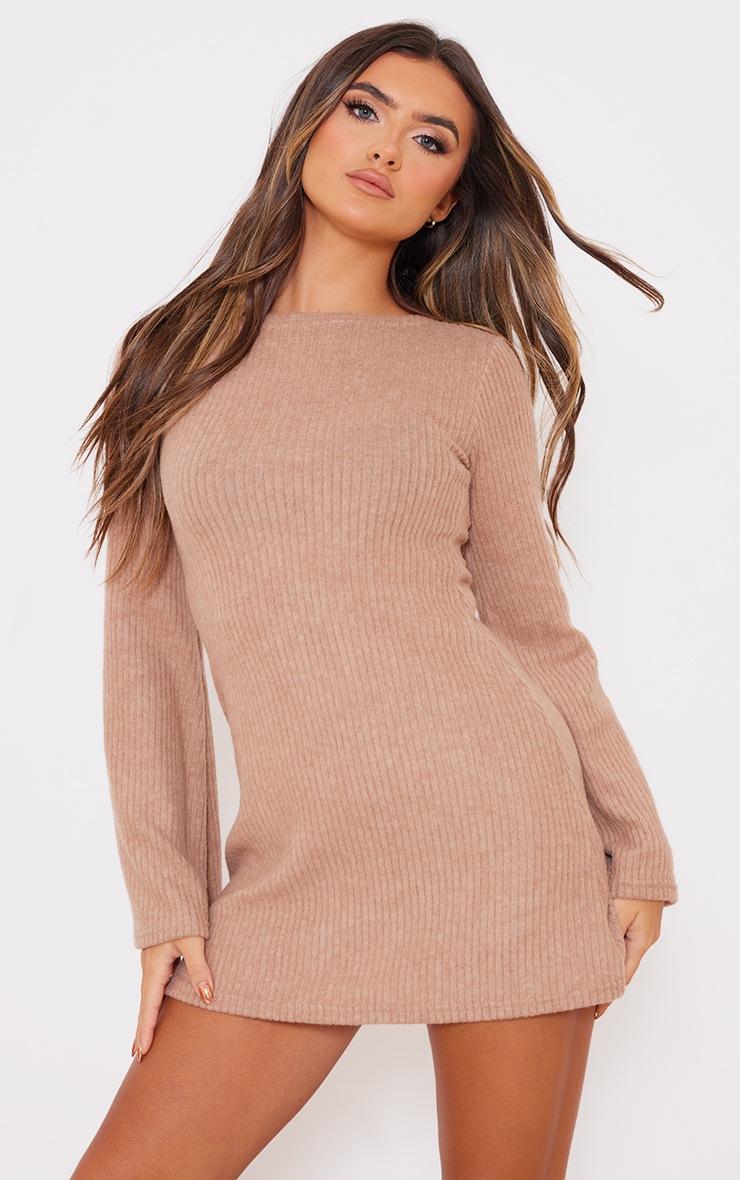 Pretty Little Thing Camel Brushed Rib Flared Sleeve Shift Dress