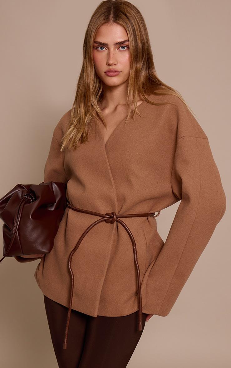 Pretty Little Thing Camel Collarless Wrap Style Tie Waist Wool Look Coat