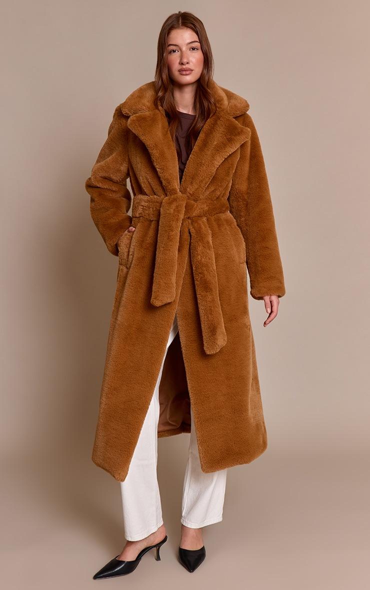 Pretty Little Thing Camel Faux Fur Tie Waist Maxi Coat