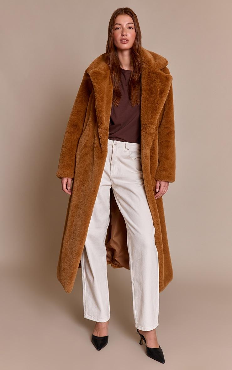 Pretty Little Thing Camel Faux Fur Tie Waist Maxi Coat