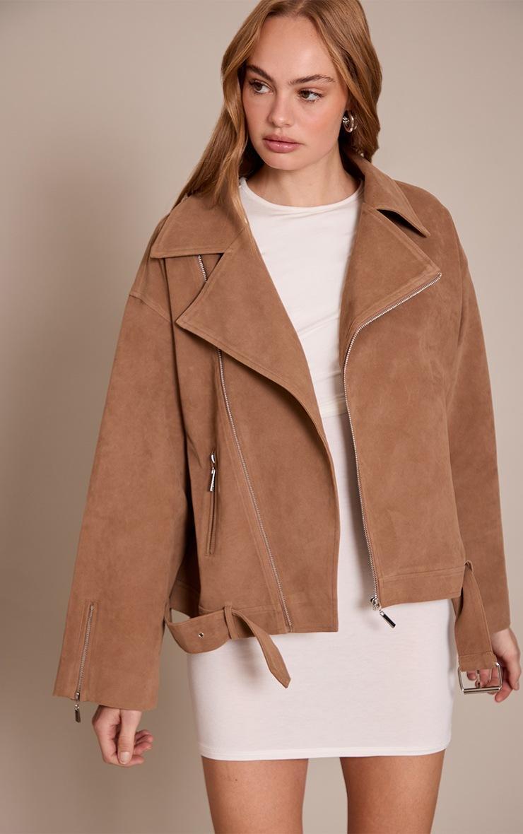 Pretty Little Thing Camel Faux Suede Oversized Biker Jacket