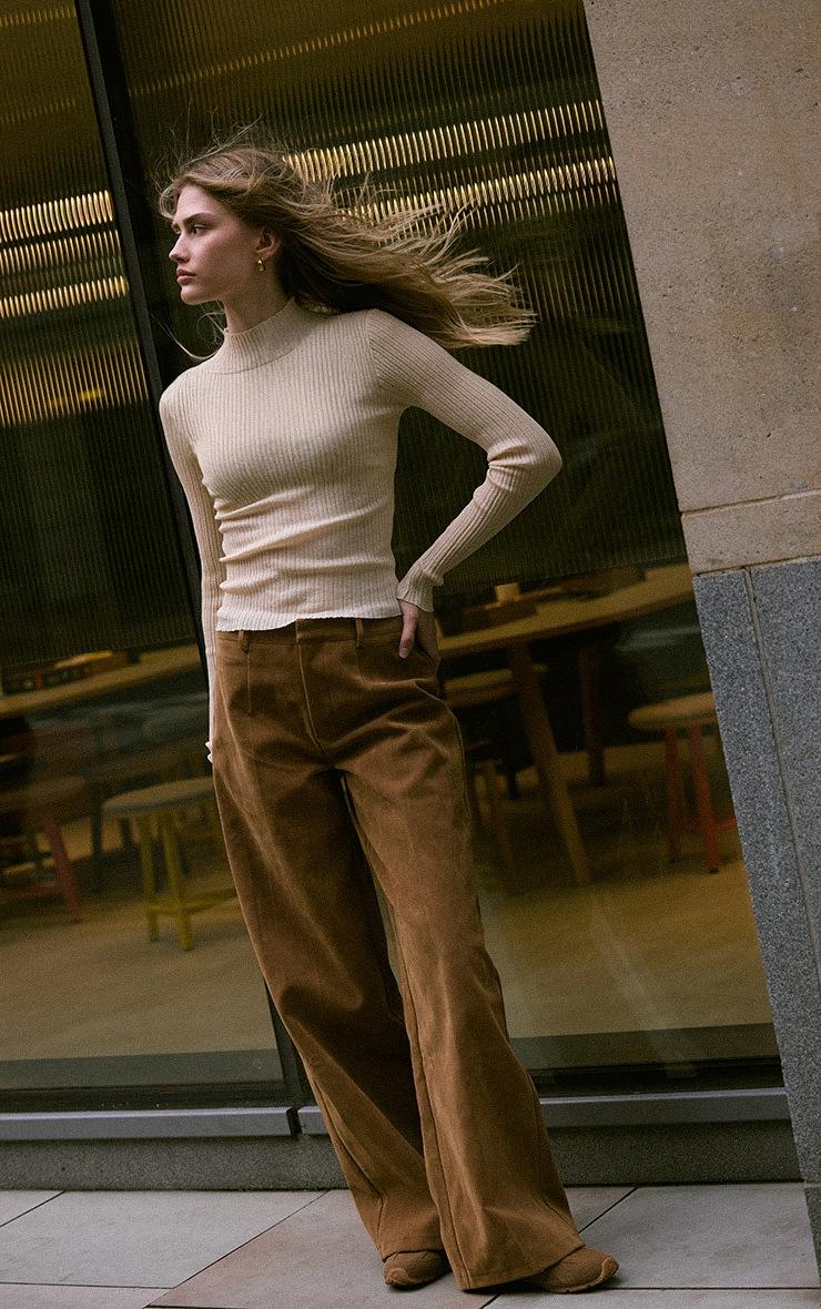 Pretty Little Thing Camel Faux Suede Straight Leg Pants