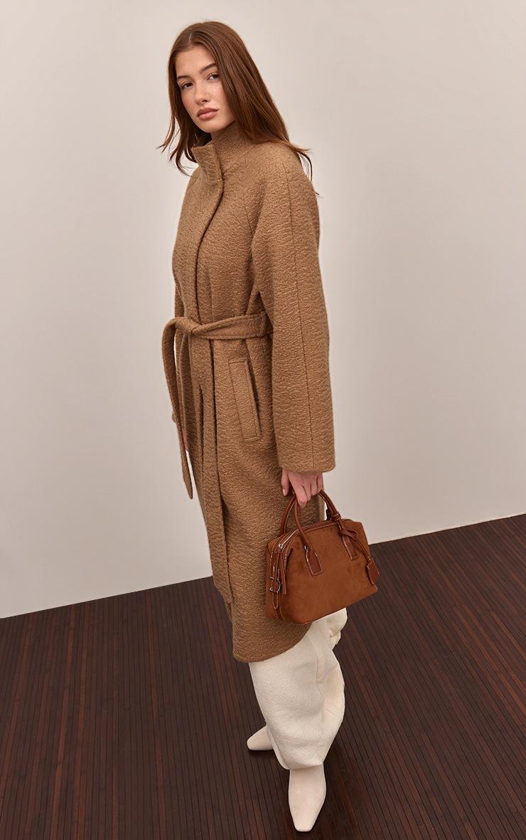 Pretty Little Thing Camel High Neck Tie Waist Wool Look Maxi Coat