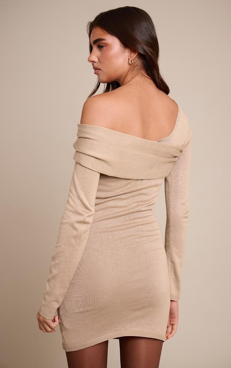 Pretty Little Thing Camel Long Sleeve Asymmetric Knitted Mini Dress