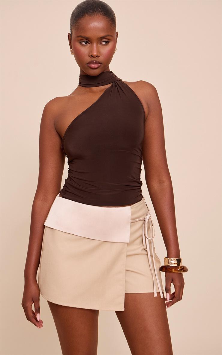 Pretty Little Thing Camel Satin Waistband Wrap Skort