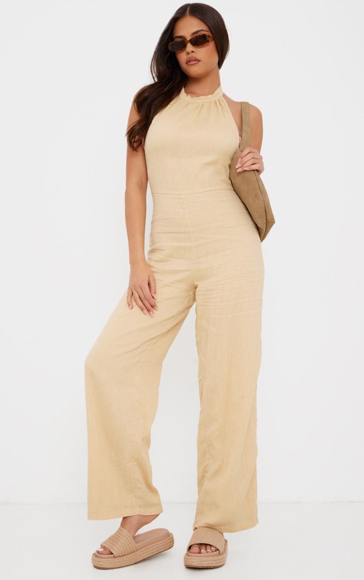 Pretty Little Thing Camel Textured Halterneck Low Back Jumpsuit
