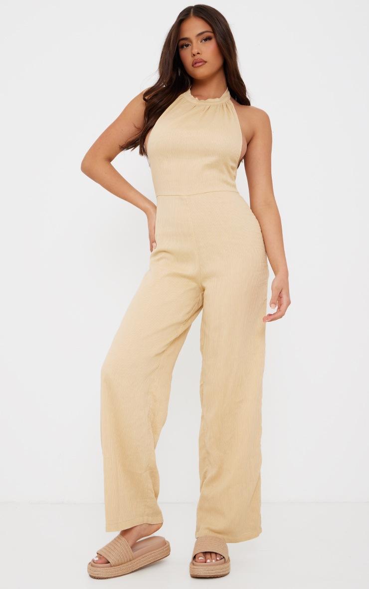 Pretty Little Thing Camel Textured Halterneck Low Back Jumpsuit