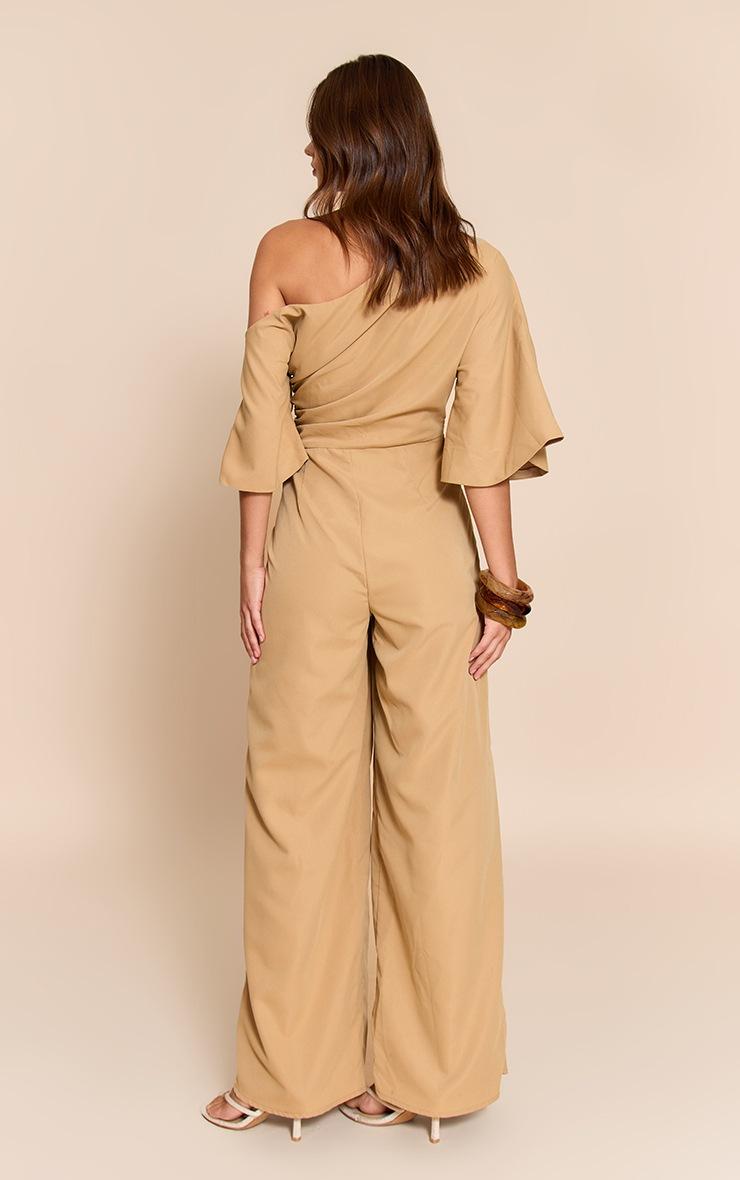 Pretty Little Thing Camel Woven Asymmetric Short Sleeve Wide Leg Jumpsuit