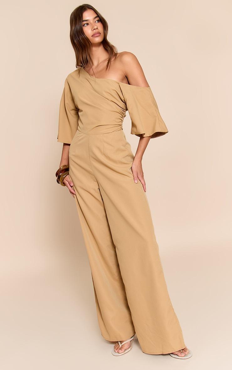 Pretty Little Thing Camel Woven Asymmetric Short Sleeve Wide Leg Jumpsuit