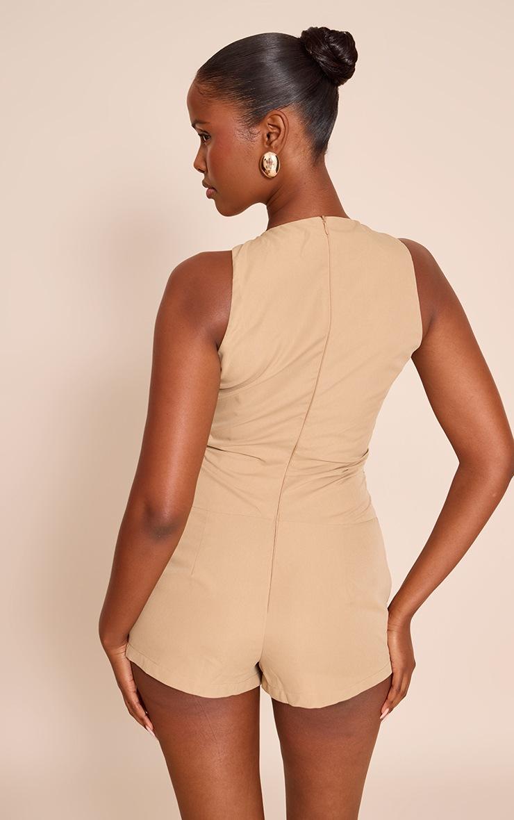 Pretty Little Thing Camel Woven Ruched Bow Detail Romper