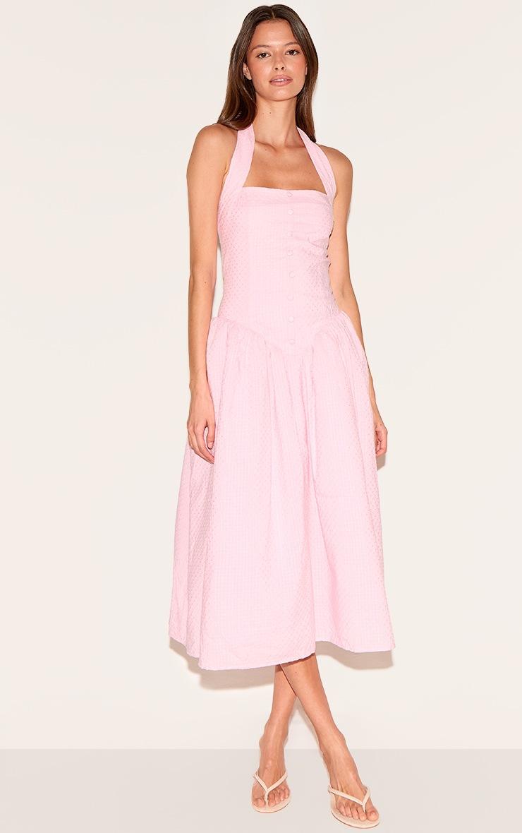 Pretty Little Thing Candy Pink Embroidered Cotton Halterneck Midaxi Dress