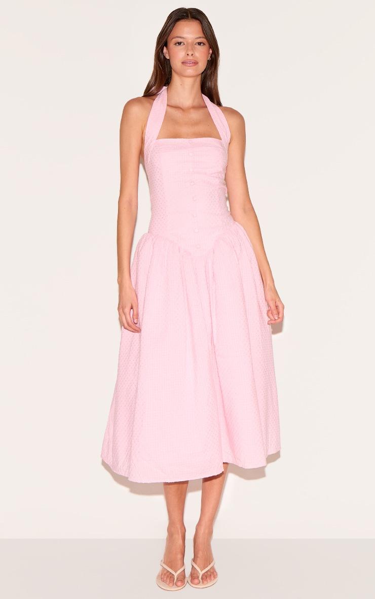 Pretty Little Thing Candy Pink Embroidered Cotton Halterneck Midaxi Dress