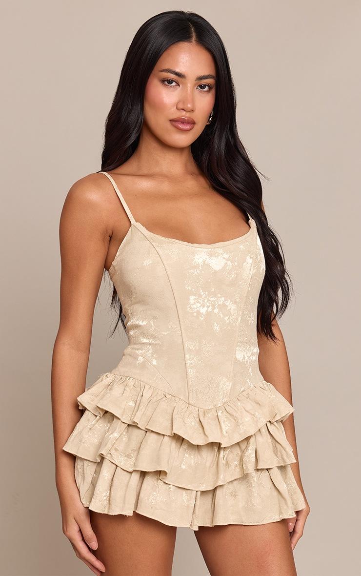 Pretty Little Thing Champagne Jacquard Frill Strappy Romper