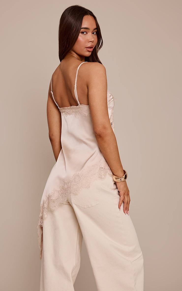 Pretty Little Thing Champagne Satin Lace Detail Asymmetric Long Top
