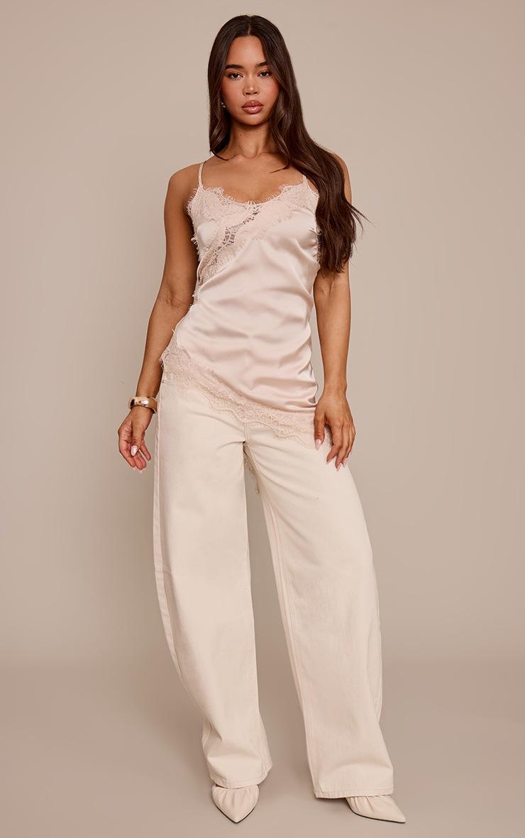 Pretty Little Thing Champagne Satin Lace Detail Asymmetric Long Top