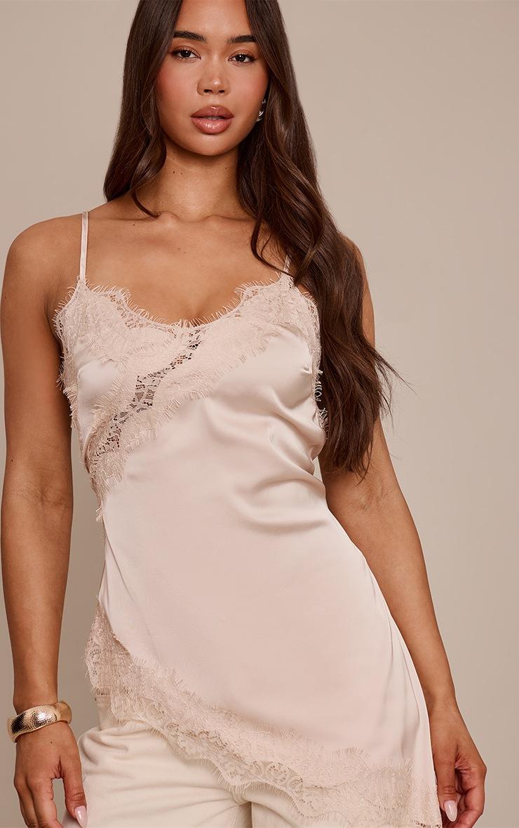 Pretty Little Thing Champagne Satin Lace Detail Asymmetric Long Top