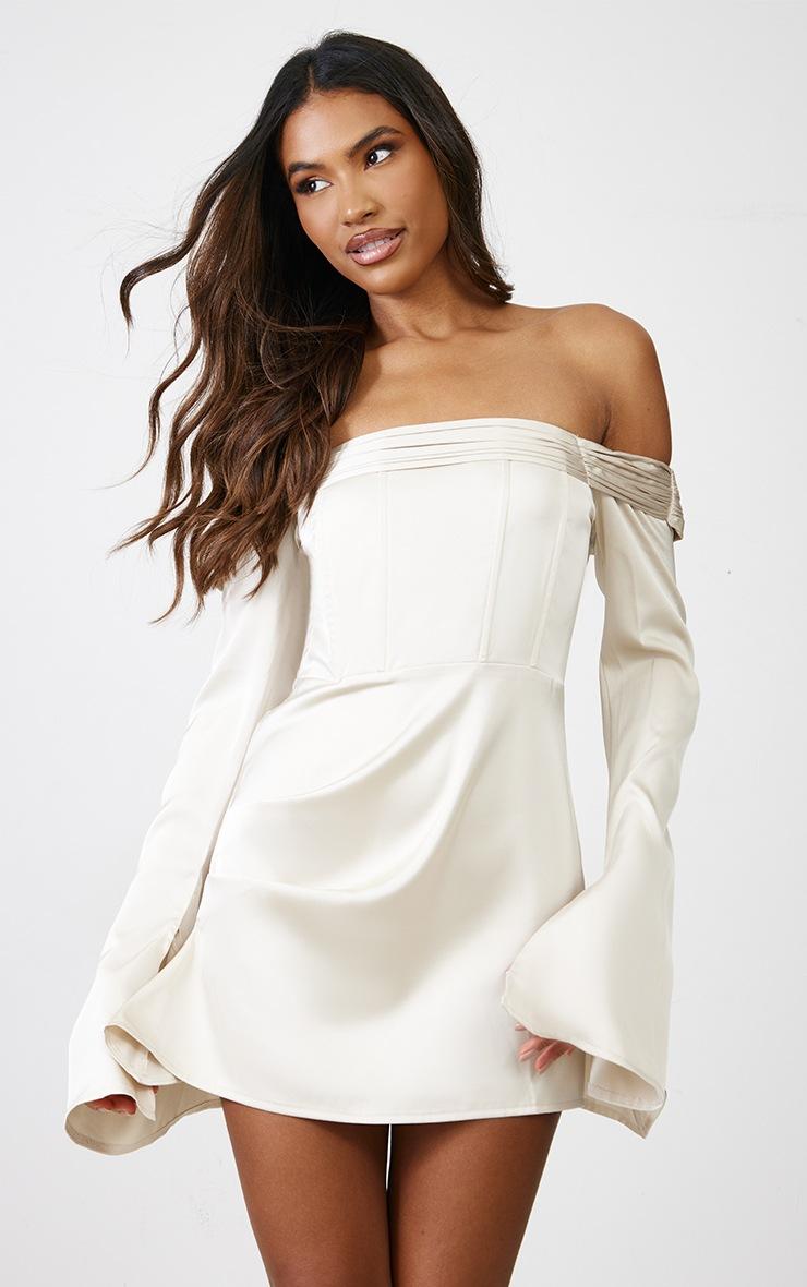 Pretty Little Thing Champagne Satin Pleat Detail Bardot Flared Sleeve Shift Dress