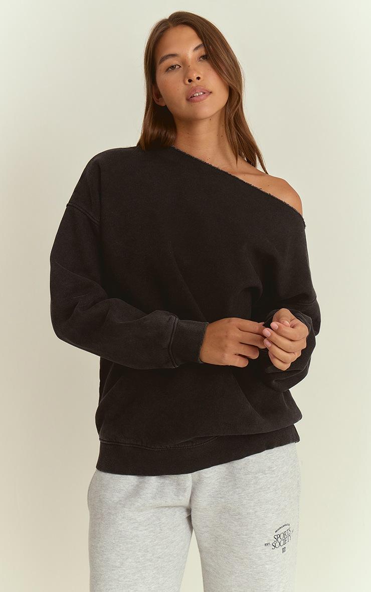 Pretty Little Thing Charcoal Acid Wash Oversized Off Shoulder Sweatshirt