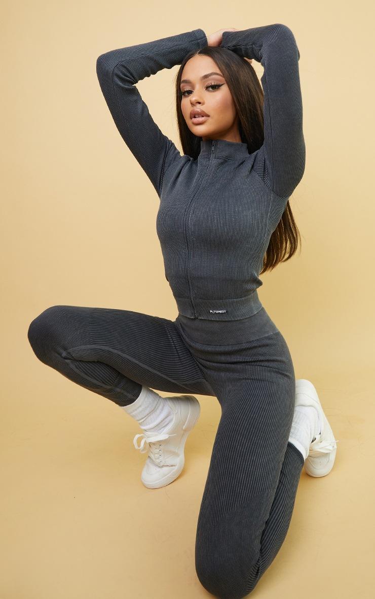Pretty Little Thing Charcoal Acid Wash Seamless Ribbed Zip Up Cropped Sports Jacket