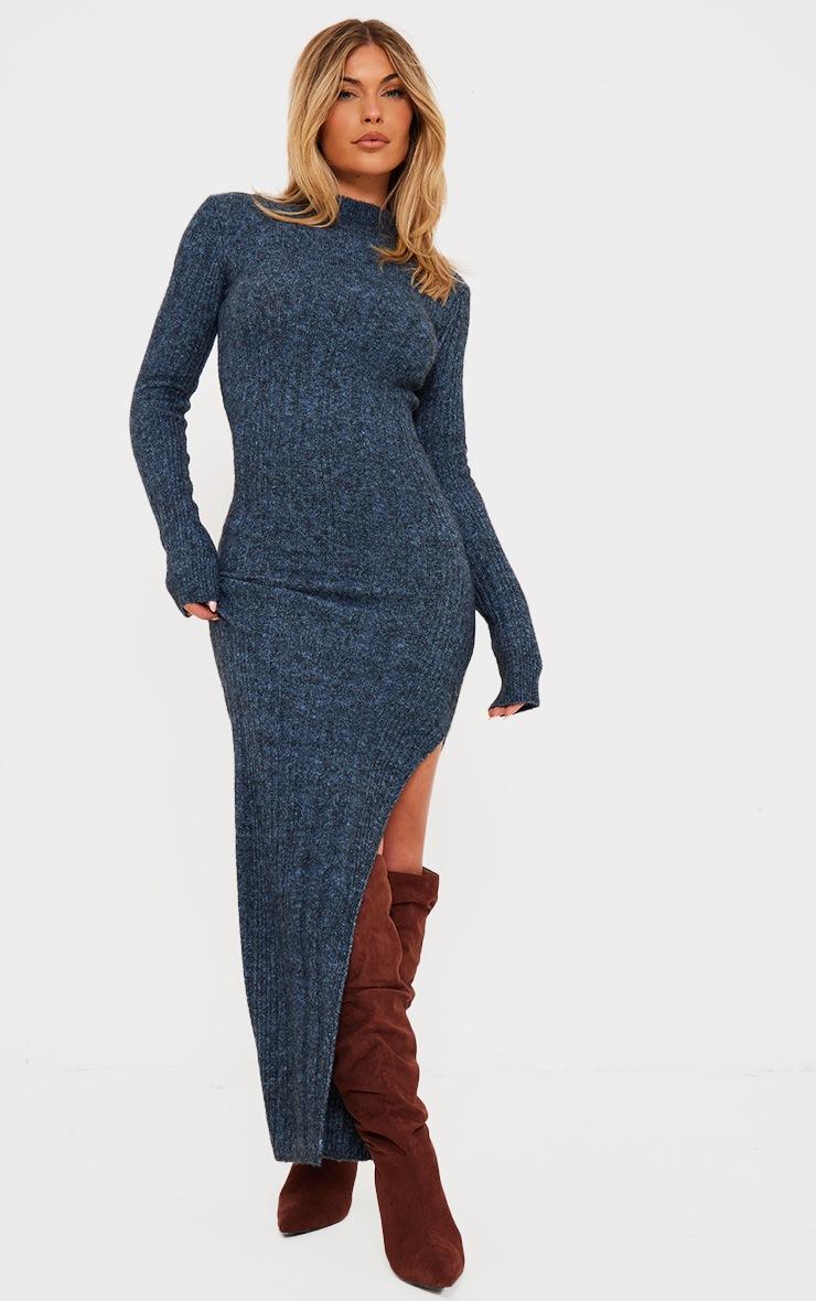 Pretty Little Thing Charcoal Blue Luxe Knit High Neck Long Maxi Dress